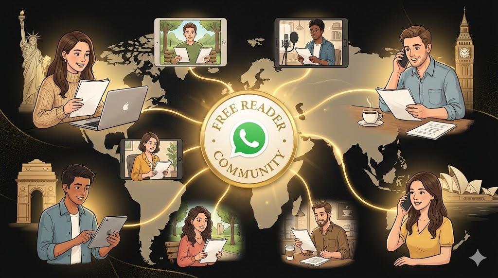 Split screen showing an actor self-taping on a phone and a WhatsApp community chat interface with actors coordinating readings