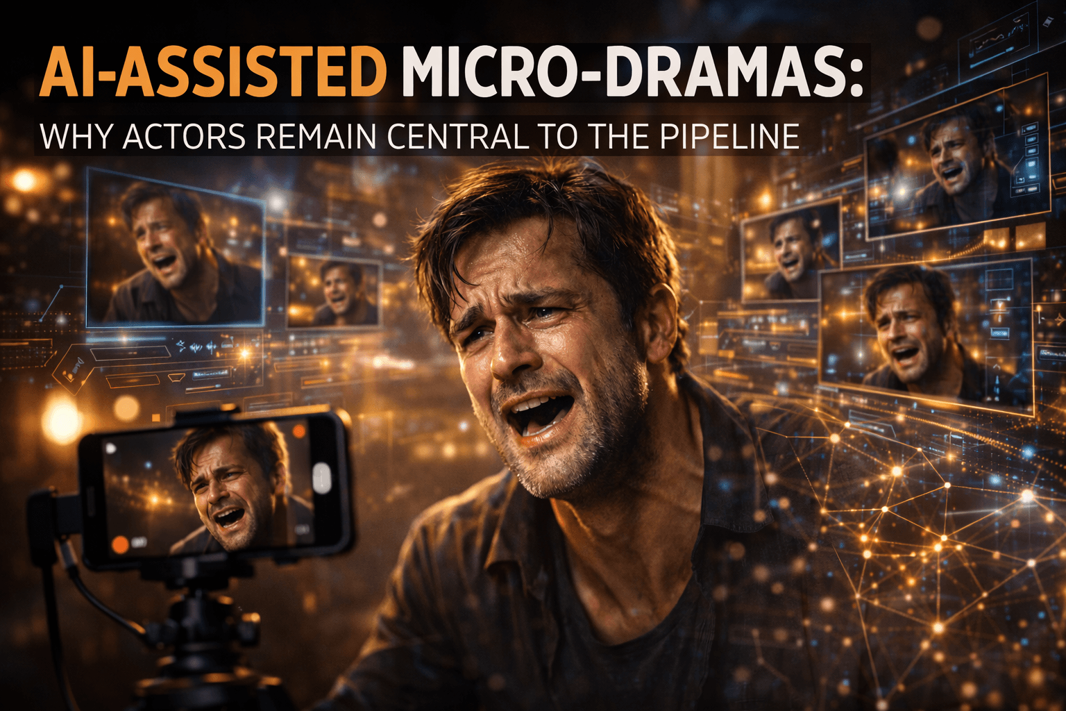 Actor performing emotional scene for micro-drama production with AI video generation technology in background