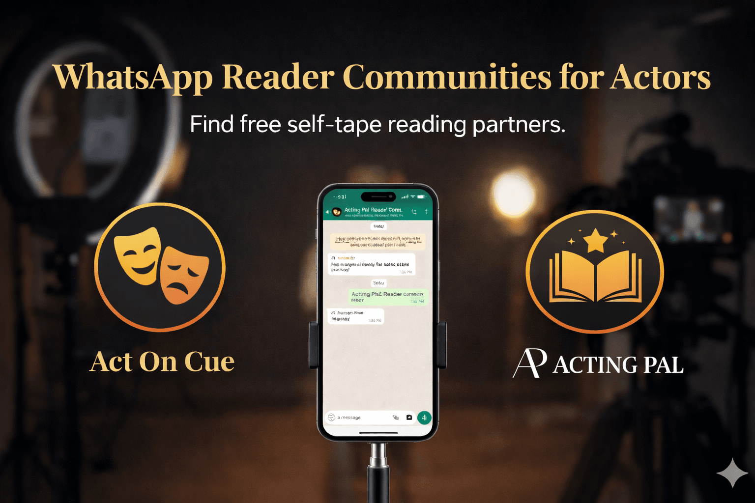 Free WhatsApp reader communities for actors—Acting Pal and Act On Cue communities displayed on smartphone, helping actors find self-tape reading partners